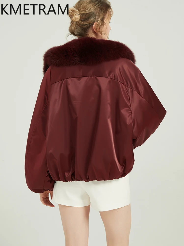 KMETRAM-abrigos de piel de conejo Rex Natural para mujer, Parka de doble cara, chaqueta, cuello de piel de zorro corto de invierno, 2025