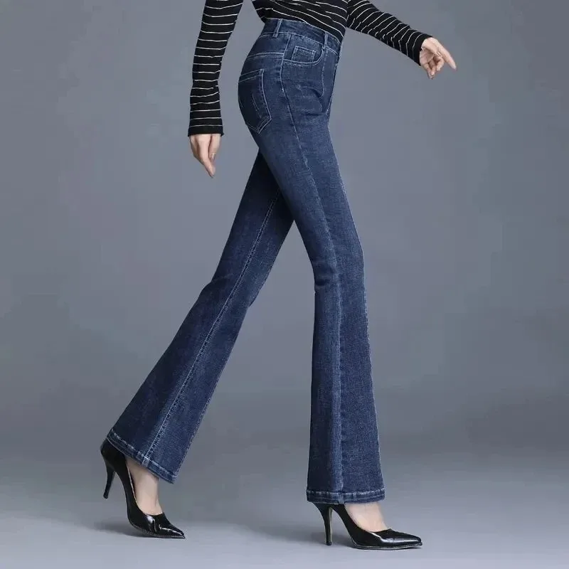 2024 New Arrivals Elegant Jeans Blue/Black Denim Trousers Mother Bell Bottom Pants Women Fashion Skinny High Waist Flare Jeans