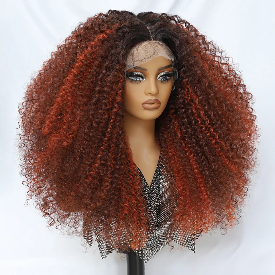 24 Inch Jerry Krul Synthetische Kant Pruiken Ombre Bordeaux Kinky Krullend Pruiken Voor Afro Vrouwelijke Zwarte Latisha Lace Front Pruiken voor Vrouw