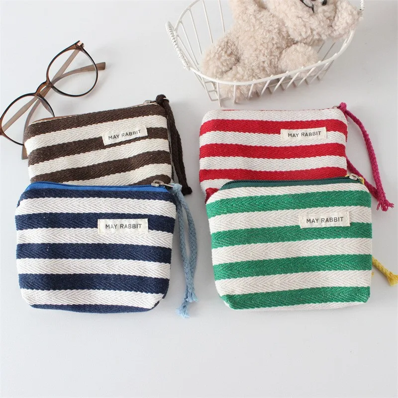 5pcs Makeup Bags Women Canvas Striped Pillow Shaped Light Protable Travel Coin Purses With Wrist
