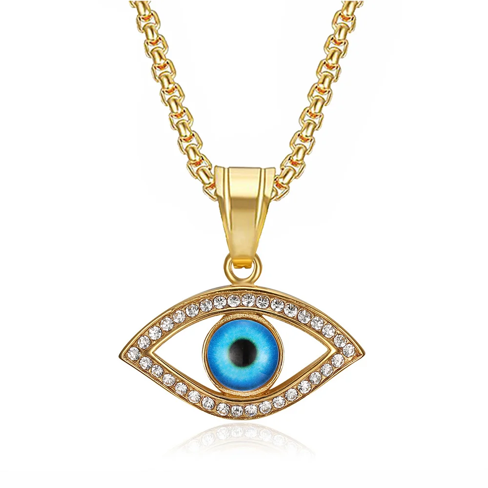 Hip Hop Iced Out Bling Blue Evil Eyes ciondolo Color oro collana in acciaio inossidabile CZ Eye per donna uomo regalo di gioielli turchi