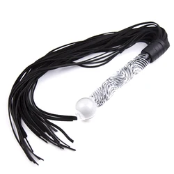 68.5CM Crystal Glass Handle Genuine Leather Riding Whip Black Riding Whip for Games Whip Leather Riding Crop