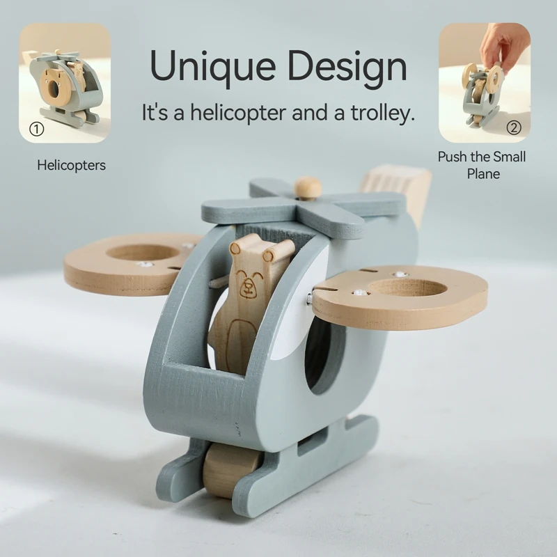 Décennie s de construction d'hélicoptère en bois pour bébé, exercice des doigts, décoration de salle de jeu, avion de simulation en bois poussé à la main, cadeau pour bébé