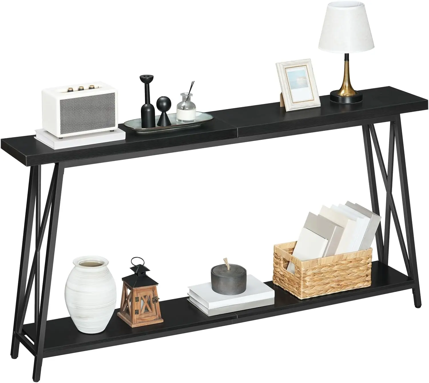 

63" Industrial Console Table with X-Shaped Support, Extra Long Sofa Table for Entryway, Hallway, Living Room in Black