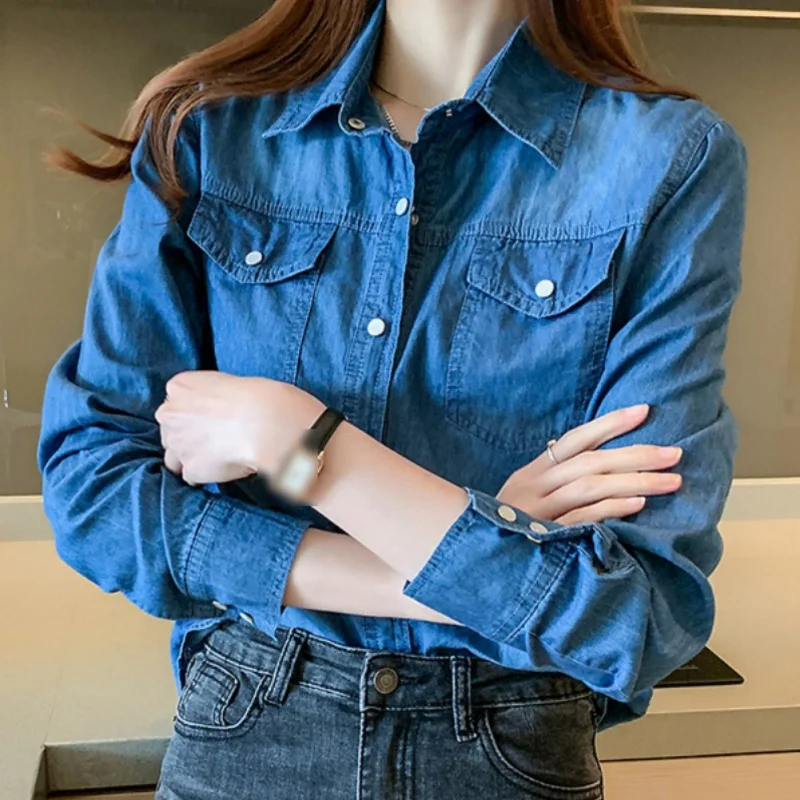 Cowboy Shirt Women\'s Long-sleeved College Style Slim Versatile Denim Shirt Female Bottoming Shirt S-3XL