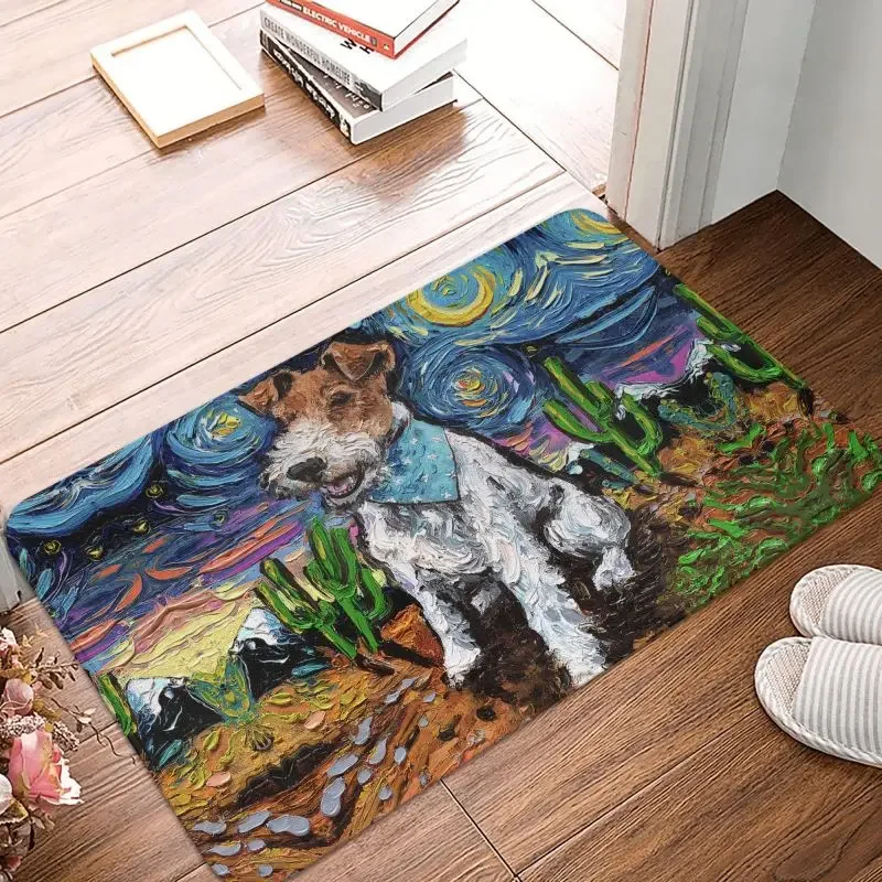 Starry Night Wire Fox Terrier Doormat Non-Slip Bath Kitchen Mat Bedroom Balcony By Floor Entrance Carpet Rug