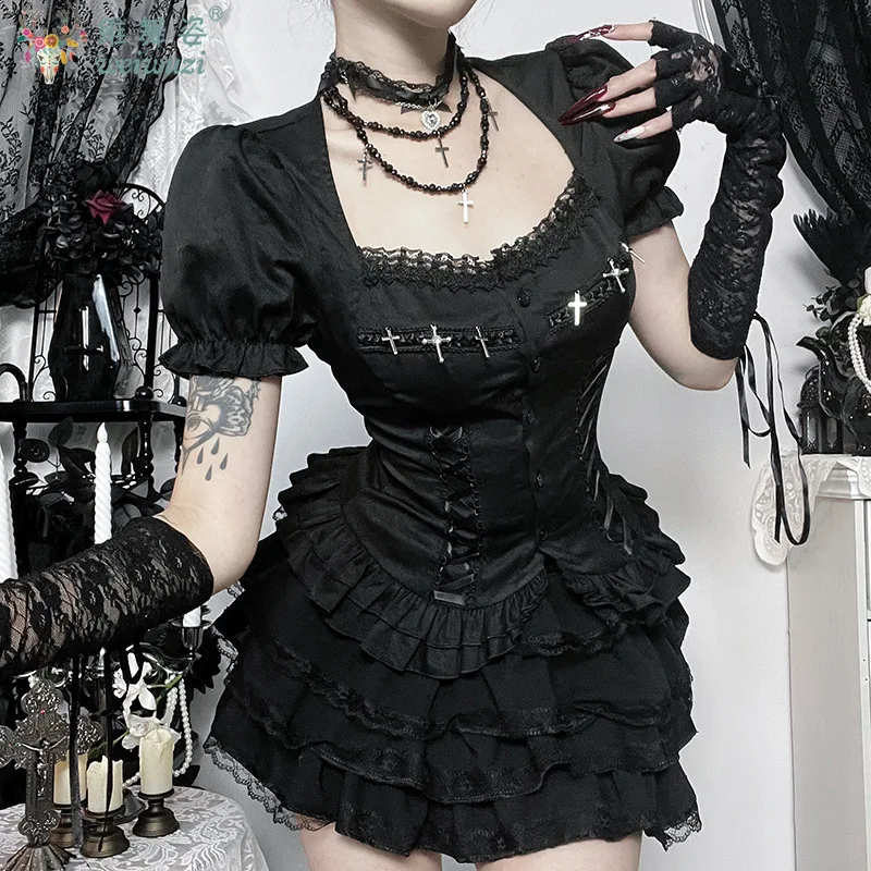 

Women Gothic Dark Black Top Subculture Metal Punk Short Sleeve Lolita Top Vampire Cosplay Costume Halloween Party Fancy Outfit