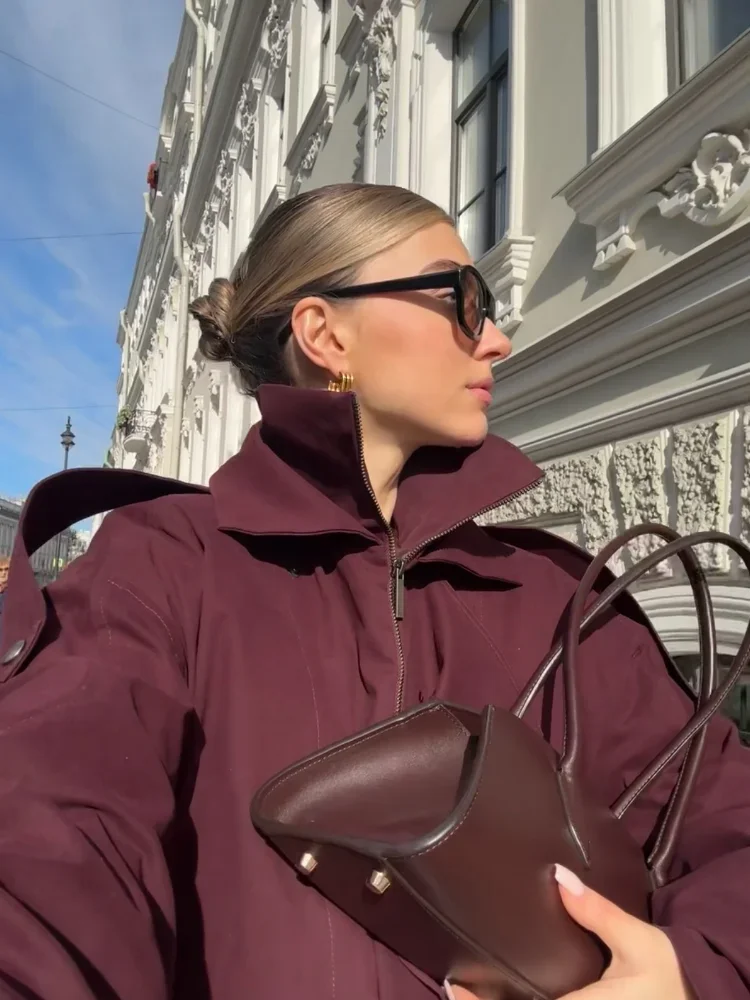 

Women Stand Collar Lace Up Jacket Wine Red Short Coat Autumn New Highstreet Outerwear Long Sleeved Zipper Pocket 2026