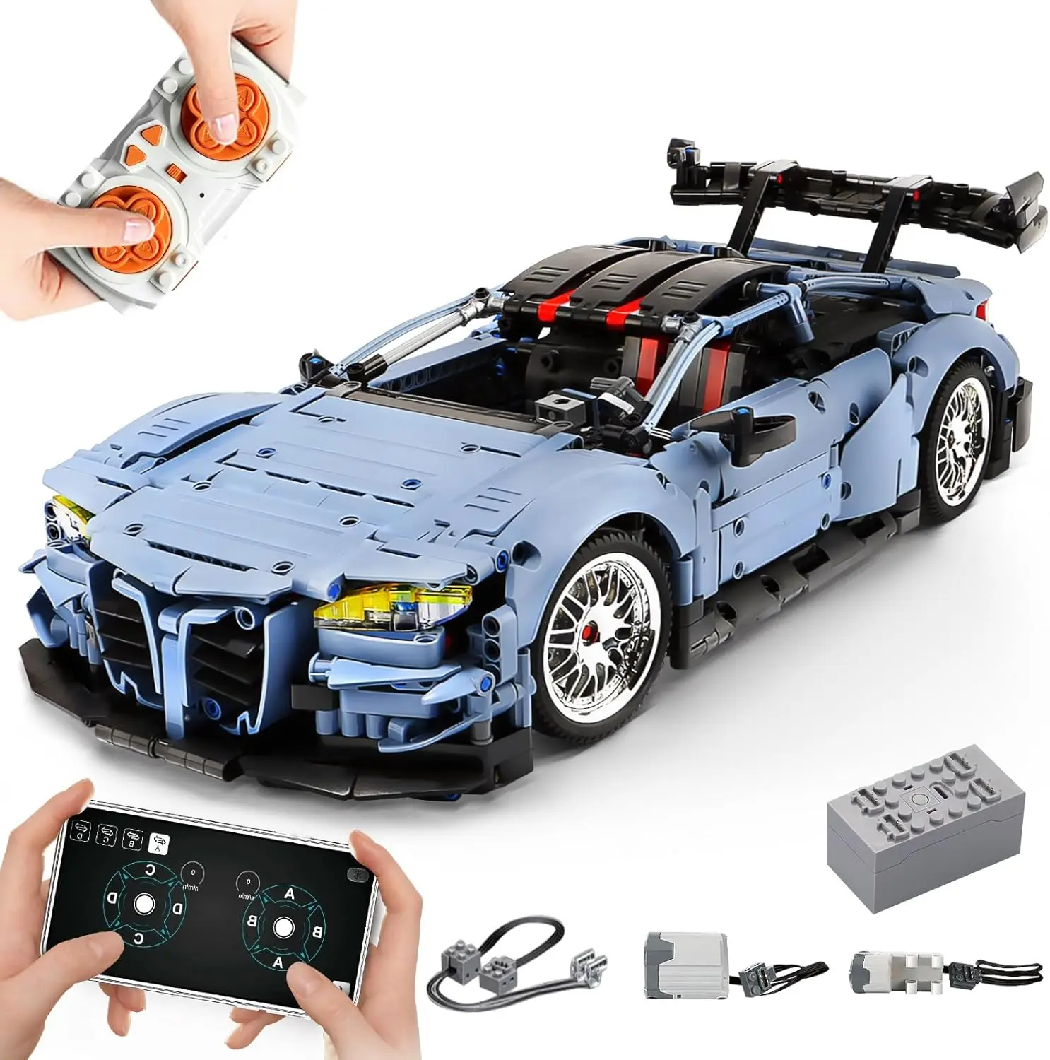 Building Kit for Remote Control Car, 1/10 Scale Supercar with Working Lights and Motors, Rechargeable Battery Included, Compatible with Technic Cars for Adults, STEM Gift for Boys Ages 6-14 (2280 Pieces)
