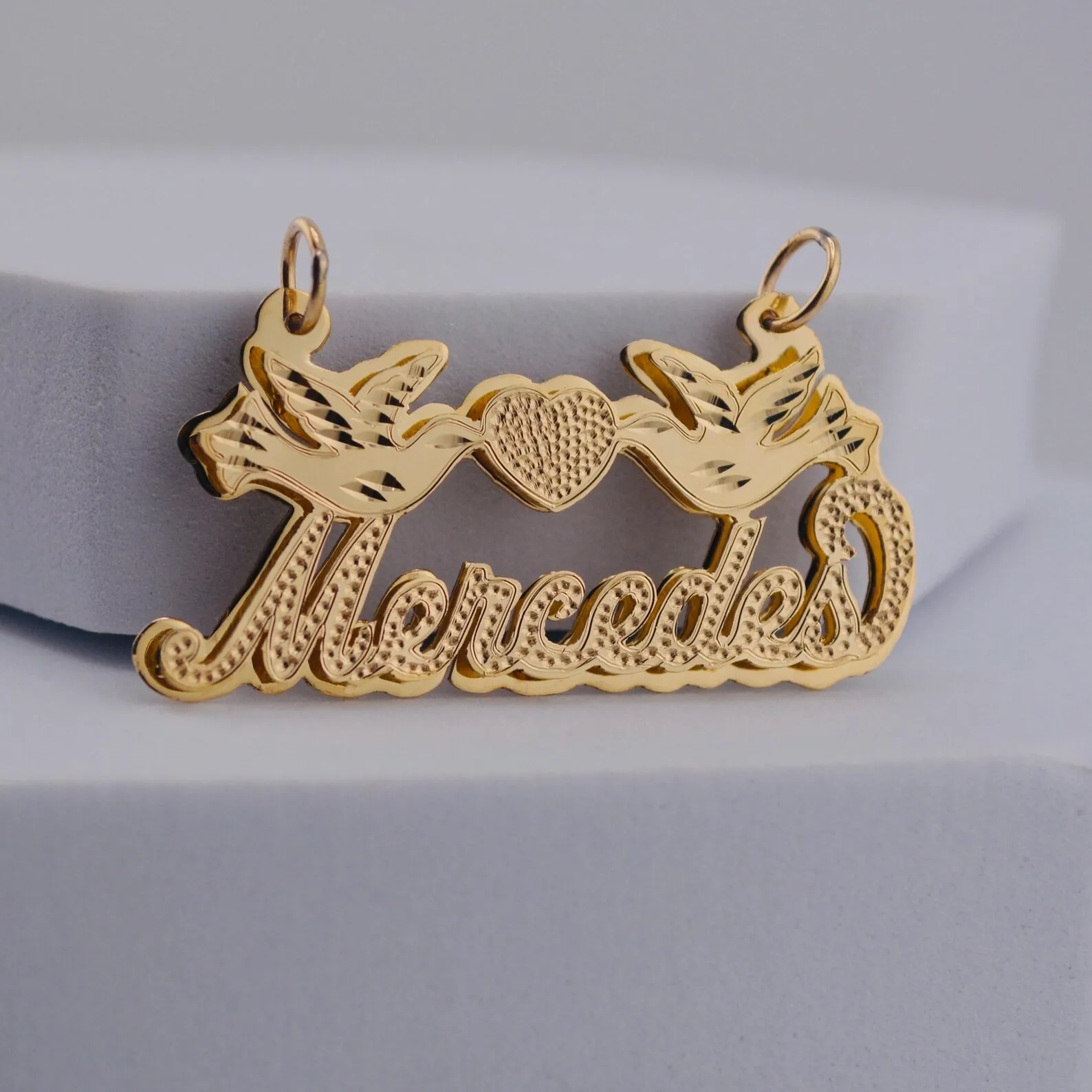 

Пользовательское имя в горошек 3D двойная табличка с именем голуби сердце 18-каратная позолоченная нержавеющая сталь персонализированная подвеска ручной работы жена женский подарок