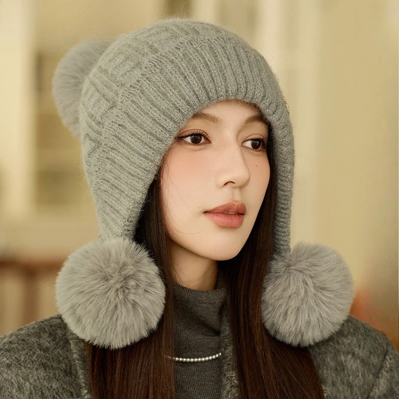 Rabbit Fur Hat Women's Light Luxury Elegant Versatile Thickened Knitted Hat Winter New Korean Ear Protector Plush Wool Hat