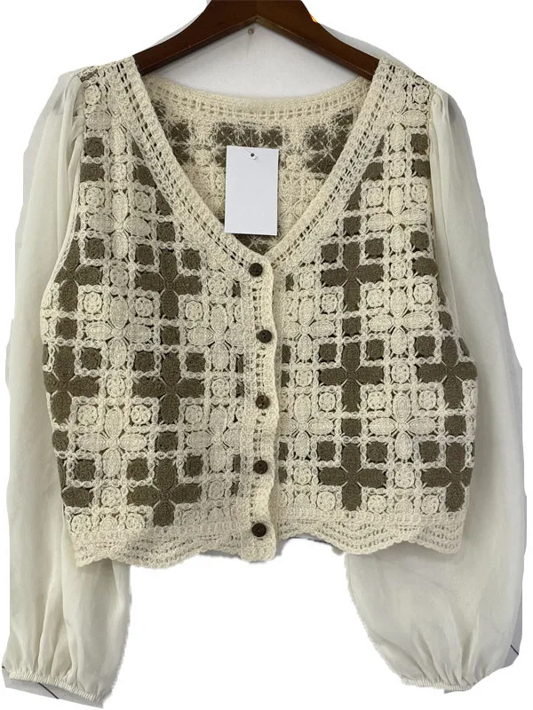 

Vintage Handmade Autumn Winter Sweater 3D Knitting Hollow out Crt Forest System Women's Cardigan Batwing Sve V Ne