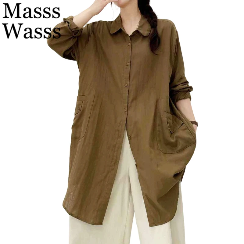 

Masss Wasss 2026, свободные длинные топы в японском стиле, женские классические однотонные элегантные рубашки, женские весенние винтажные модные повседневные блузки