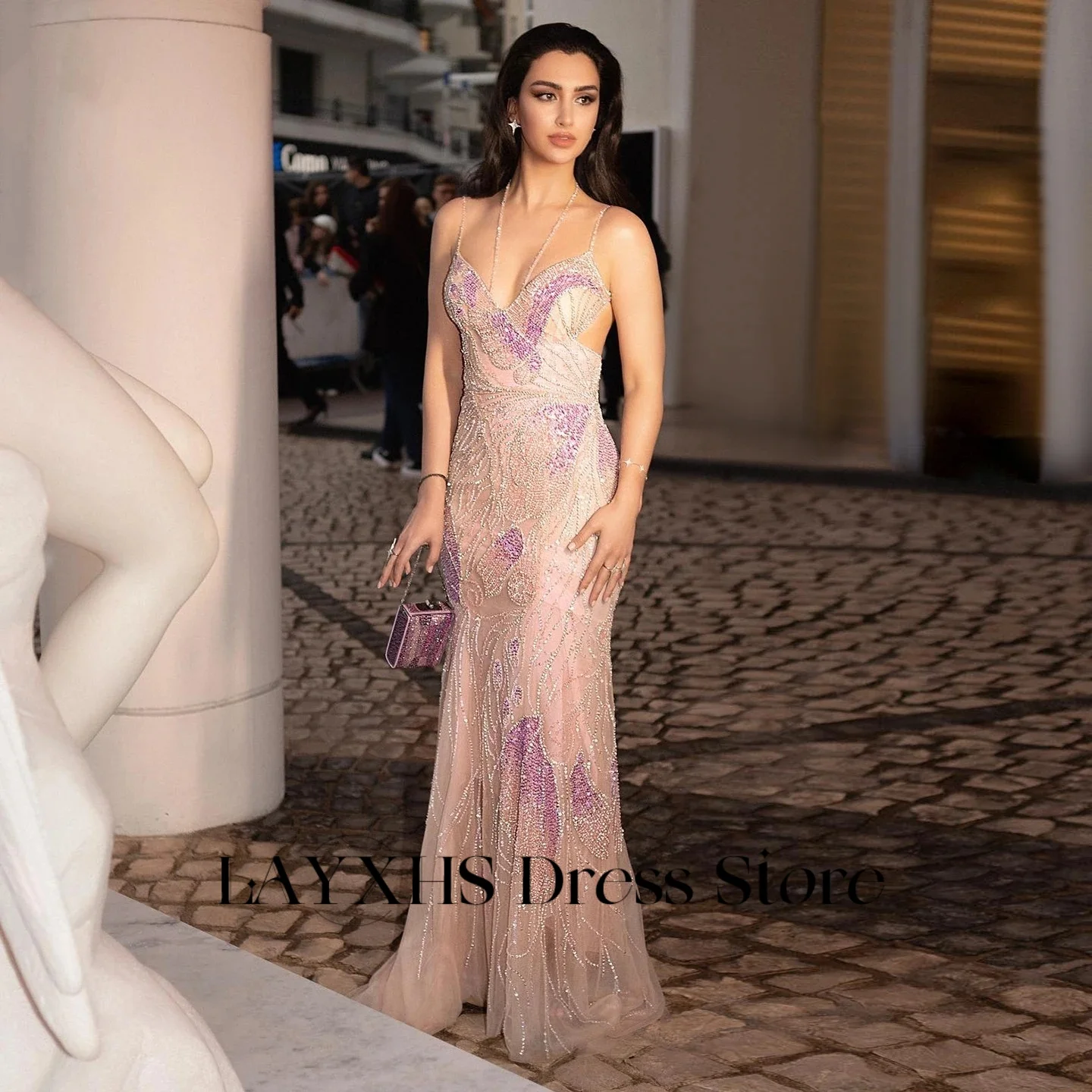 LAYXHS Luxuriöse Abendkleider mit Spaghettiträgern, Meerjungfrau, rosa Pailletten, Spitze, rückenfrei, Damen-Abschlussballkleider, individuell gestaltet