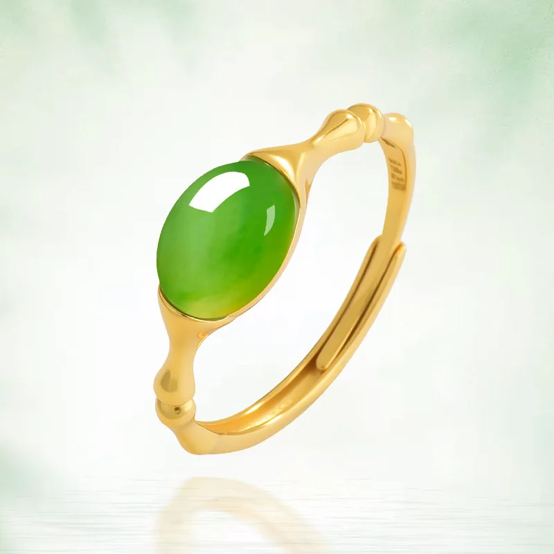 

Authentic Natural Hetian Jade Bamboo Ring S925 Silver Inlaid Men's Women's Fashionable Jewelry Adjustable Wholesale Drop Ship