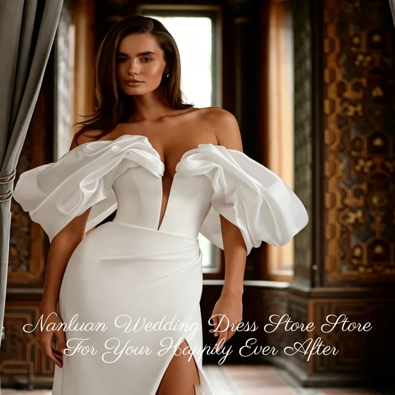 26 Styles Ruched Waist Off Shoulder Satin Mermaid Wedding Dress High Split Chapel Train Vestidos de Novia Customized