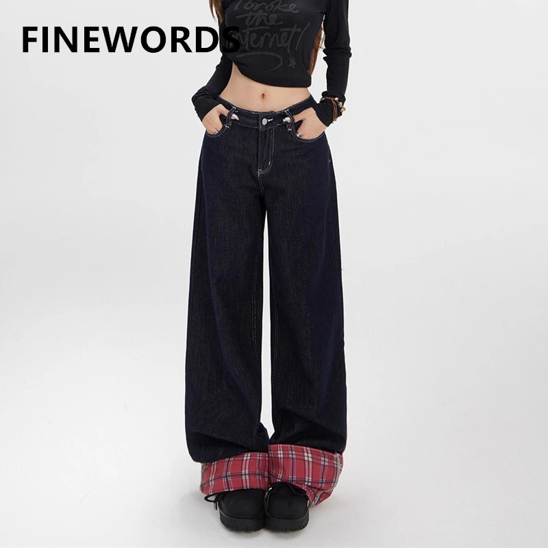 

FINEWORDS Retro Casual Korean Baggy Jeans Women Streetwear High Waist Jean Easymatch Full Length Wide Leg Denim Blue Pants