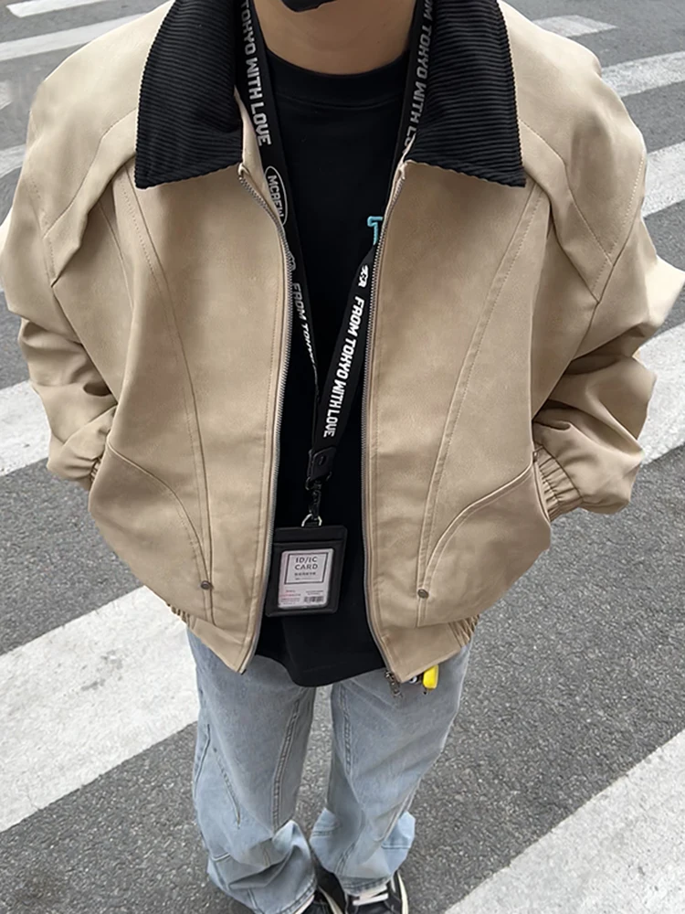 

Men's Cool PU Leather Jaet Baseball Sle ort Coat Unconstructed Denim Collar Casual Spring Faion Outerwear Coat