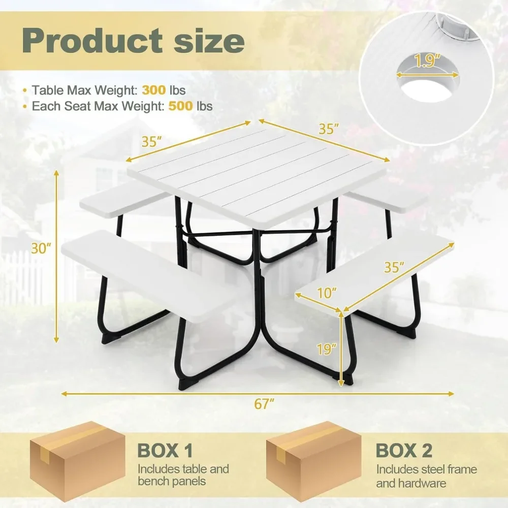 Table de pique-nique avec cadre en métal HDPE, table d'extérieur résistante et anti-Contation