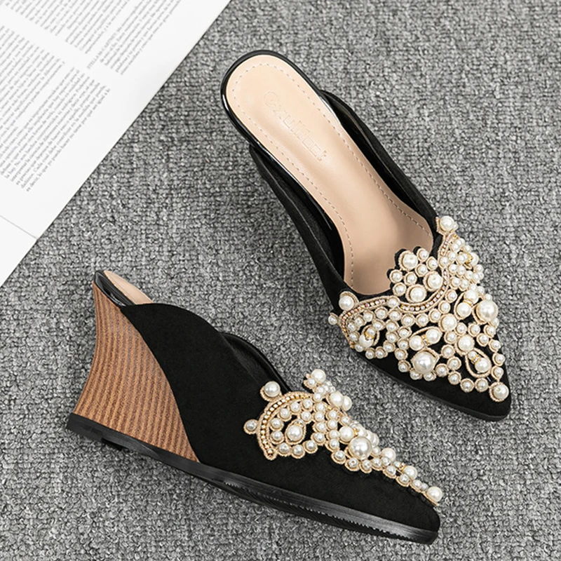 Wedges Half Slippers Women Outerwear 2023 Spring Summer New Pointed Pearl Baotou Mules Shoes 8cm High Heel Women Slides Slipper