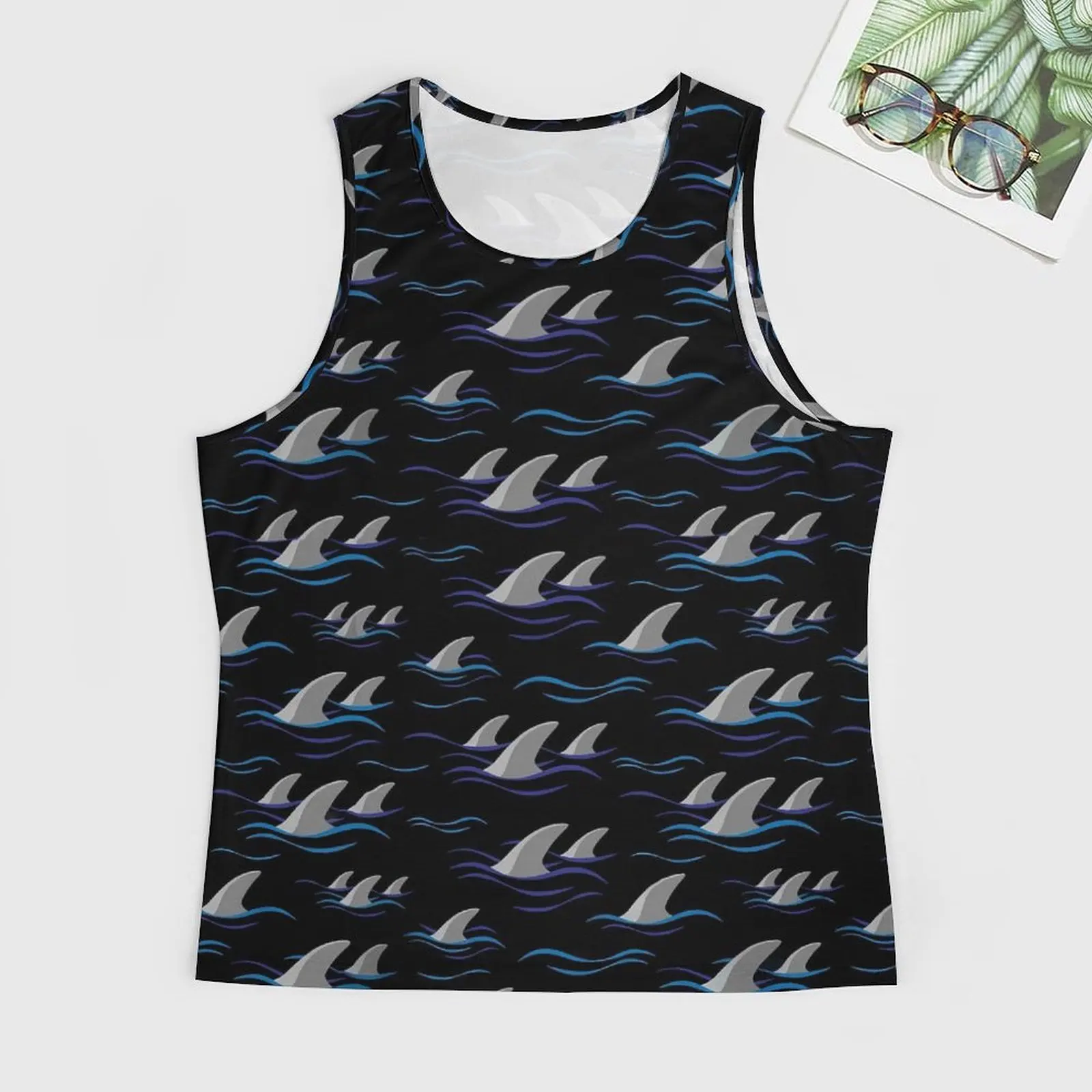 Shark Fin Tank Top Man Waves Print Workout Oversized Tops Summer Sportswear Design Sleeveless Vests