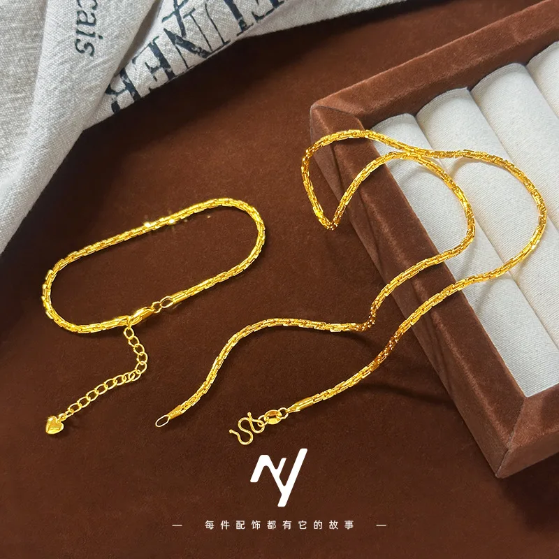 

Light Luxury Retro Design Vintage 9999 24K Real Gold Niche Sparkling Flashing Flower Sheet Clavicle Necklace Bracelet for Women