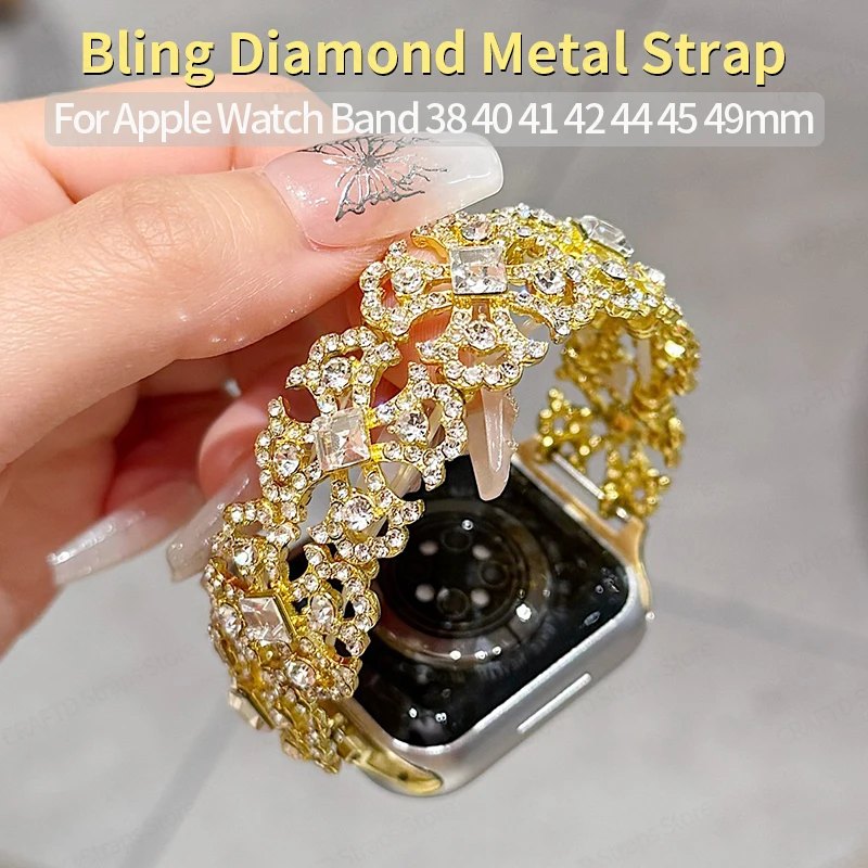 

Bling Diamond Metal Strap for Apple Watch Band Ultra 2 49mm 45mm 41 38 44 42 Luxury Bracelet for IWatch 9 8 7 SE 6 5 Women Belt