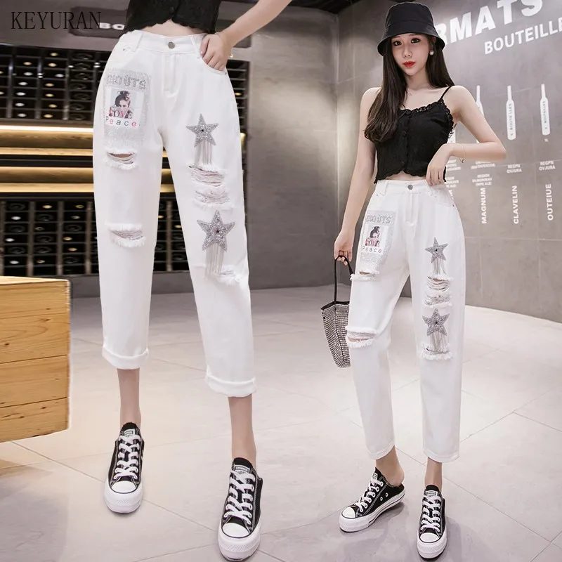 

White Jeans Women's Loose Oversize Harem Denim Pants Girls Ladies Summer Autumn Hole Hallen Nine-minute Jeans Pants Trousers