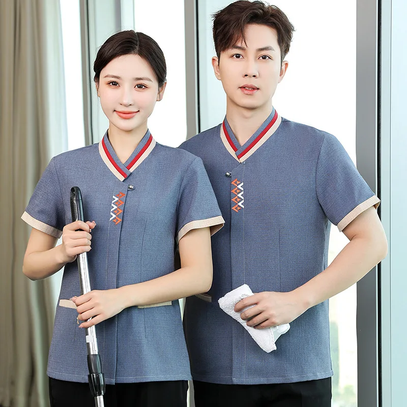 

Short-sleeved cleaning workwear for women in hotel rooms, guesthouses, property management, and housekeeping; short-sleeved work
