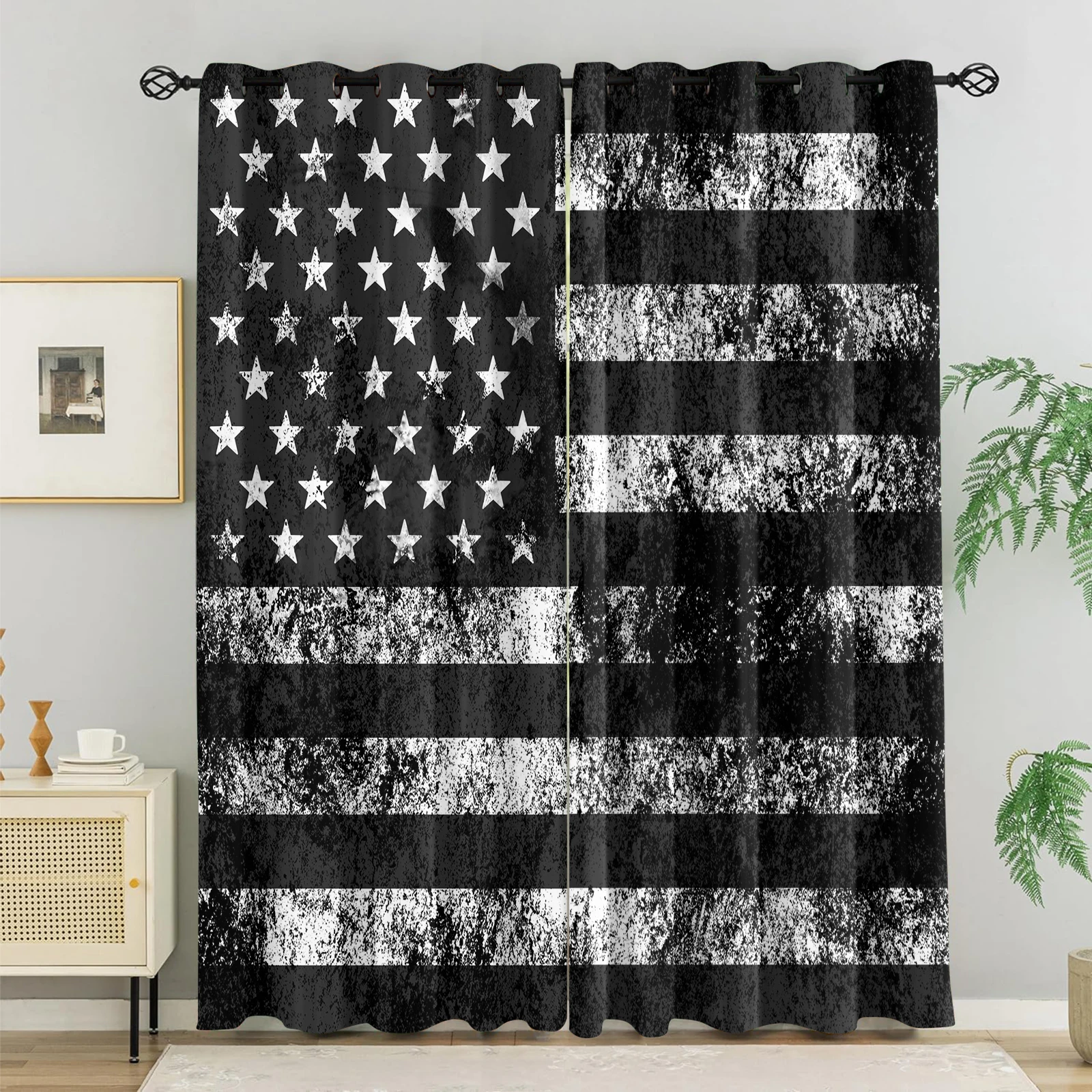 

Distressed Black and White American Flag Curtain - Stylish Window Drapes with 1.6" Grommets for Home Decor Living Room Bedroom