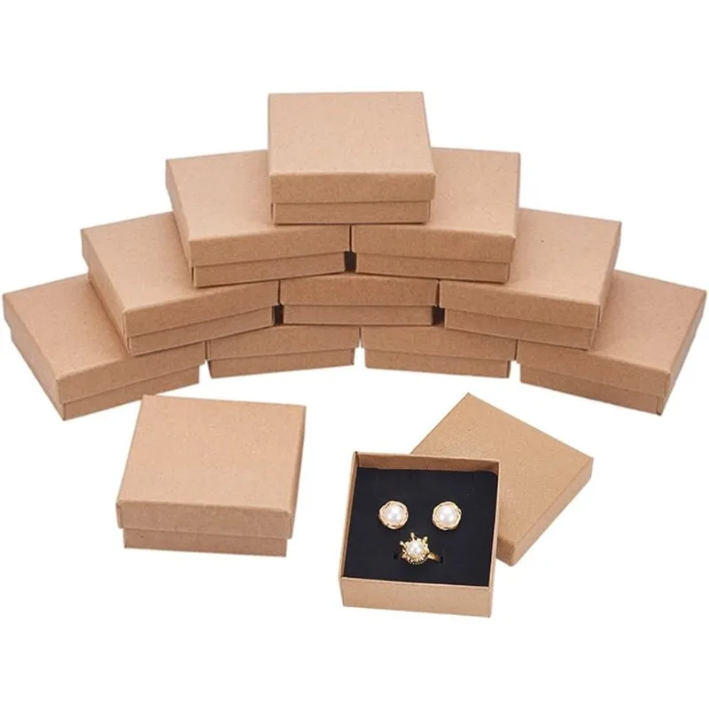 16Pcs 2.75x2.75x1 Inch Square Necklace Earring Ring Box Kraft Cardboard Jewelry Boxes for Wedding Party Gift Packing