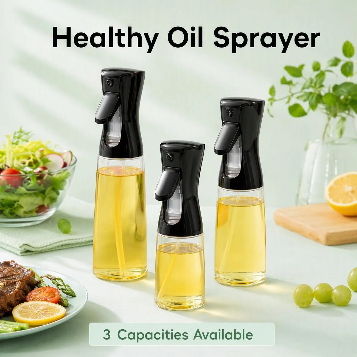 Continuous Fine Mist Oil Spray Bottle, Ergonomic Press Type Transparent Kitchen Oil Dispenser 3 Capacities for Air Fryer Salad