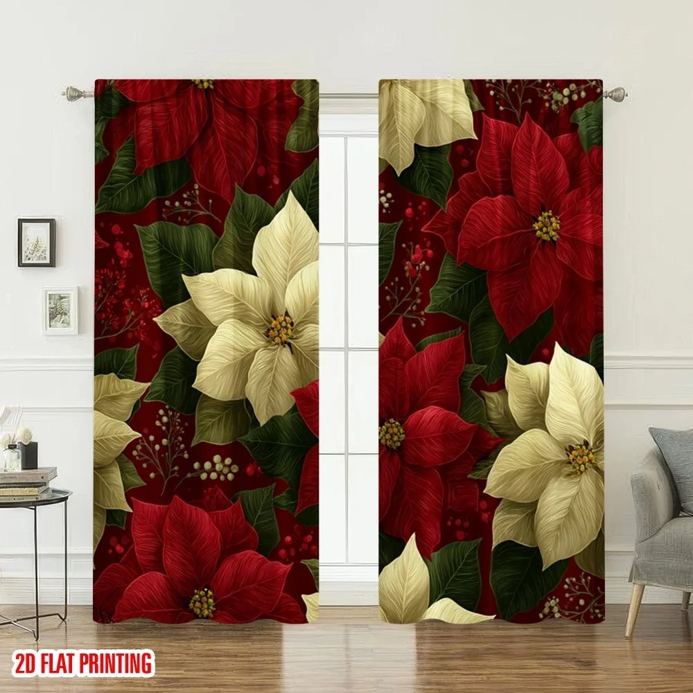 2 قطعة 2D الطباعة المسطحة عيد الميلاد سعيد المشهد الستائر عيد الميلاد البونسيتة زهرة الرقمية المطبوعة البوليستر الستائر احتفالية #6