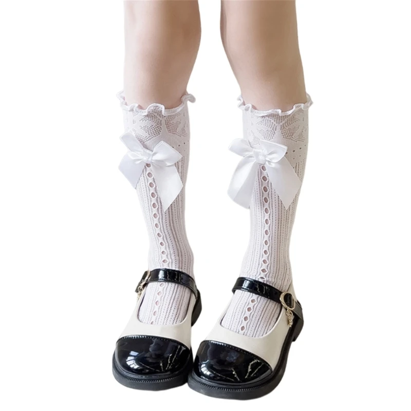 

Kneehigh Socks Hollowed Bowknot MidCalf Socks Kids Girl Spring Stretchy Mesh Socks for Little Girl School Uniform Socks