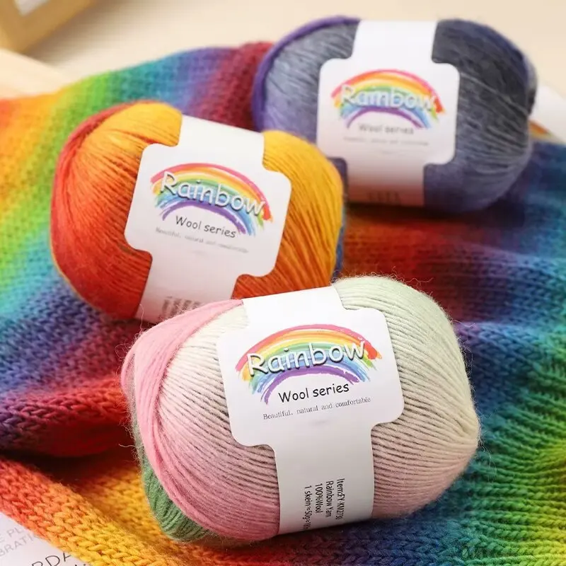 180m/50g 100% Wool Rainbow Yarn. Pure Wool Long Gradient Segment Patterned Hand-knitted Shawl, Sweater, Scarf, Hat Thread.