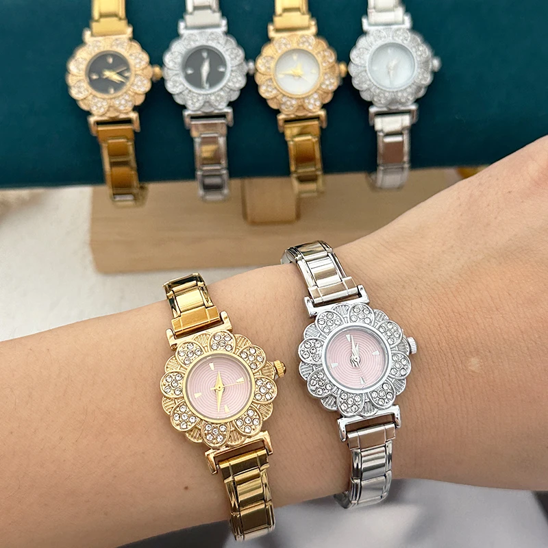 NEW Fashion Flower Round Shape Shiny Zircon Watch Dial Women's High Quality Stainless Steel Watch Head Bracelet Bangles