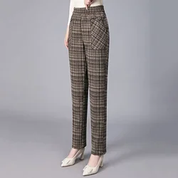 Spring Autumn Elastic High Waisted Contrast Color Plaid Button Pockets Casual Women's Clothing Straight Pencil Trousers Pants