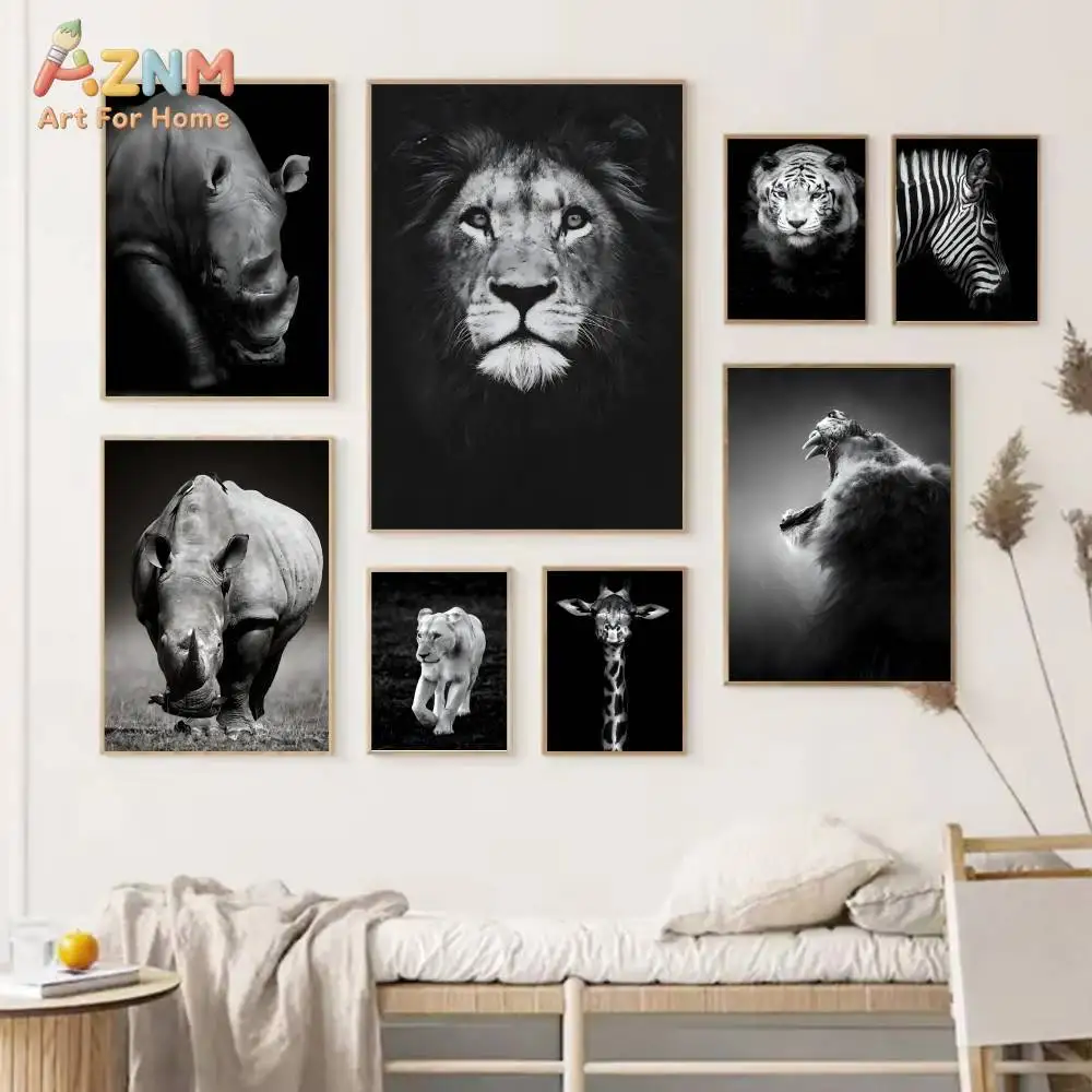 AZNM Black White Wild Animal Canvas Print Lion Tiger Rhino Zebra Giraffe African Wildlife Minimalist Living Room Wall Poster Unf