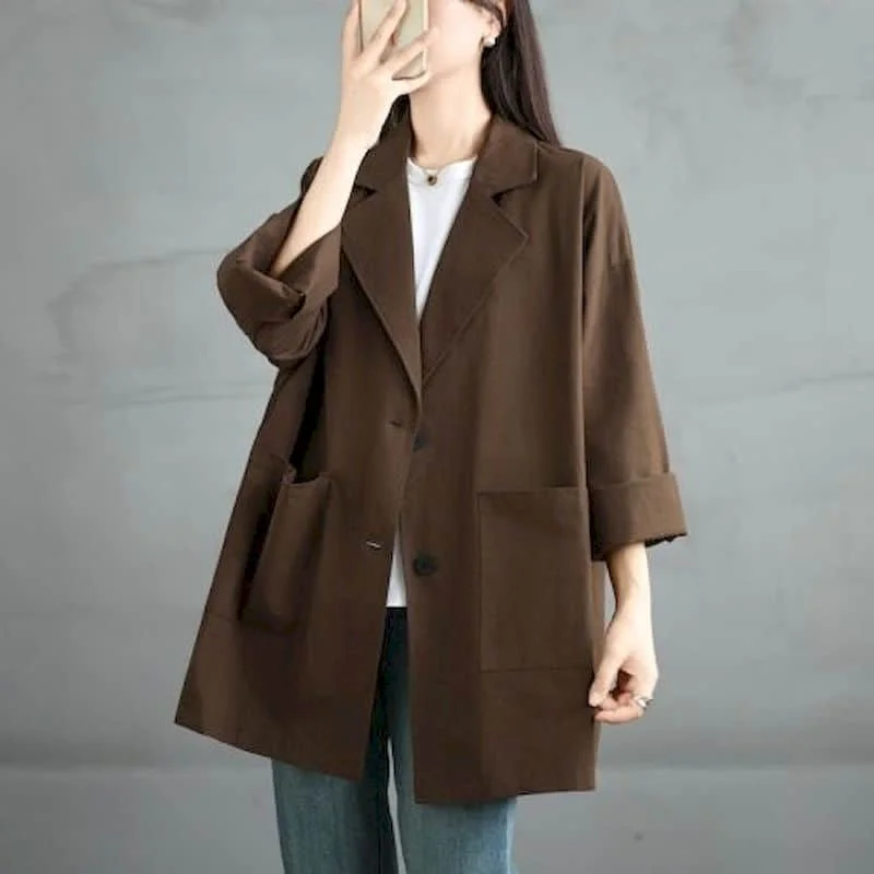 Solid Blazers for Women Elegant Oversized Long Sleeve Casual Basic Jackets Vintage Tailored Collar Coats Korean Style Women Tops