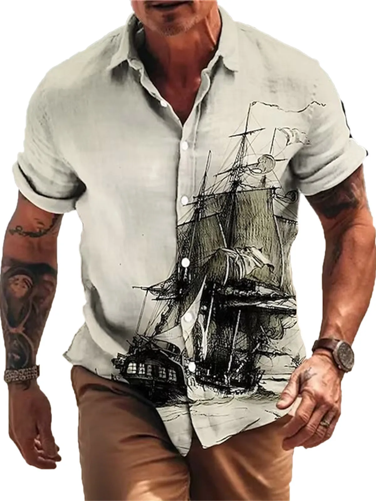 

Printed ort Sve irt Men's Simple Turn-down Collar Single Button Loose Fit Casual Summer Top Quali Material
