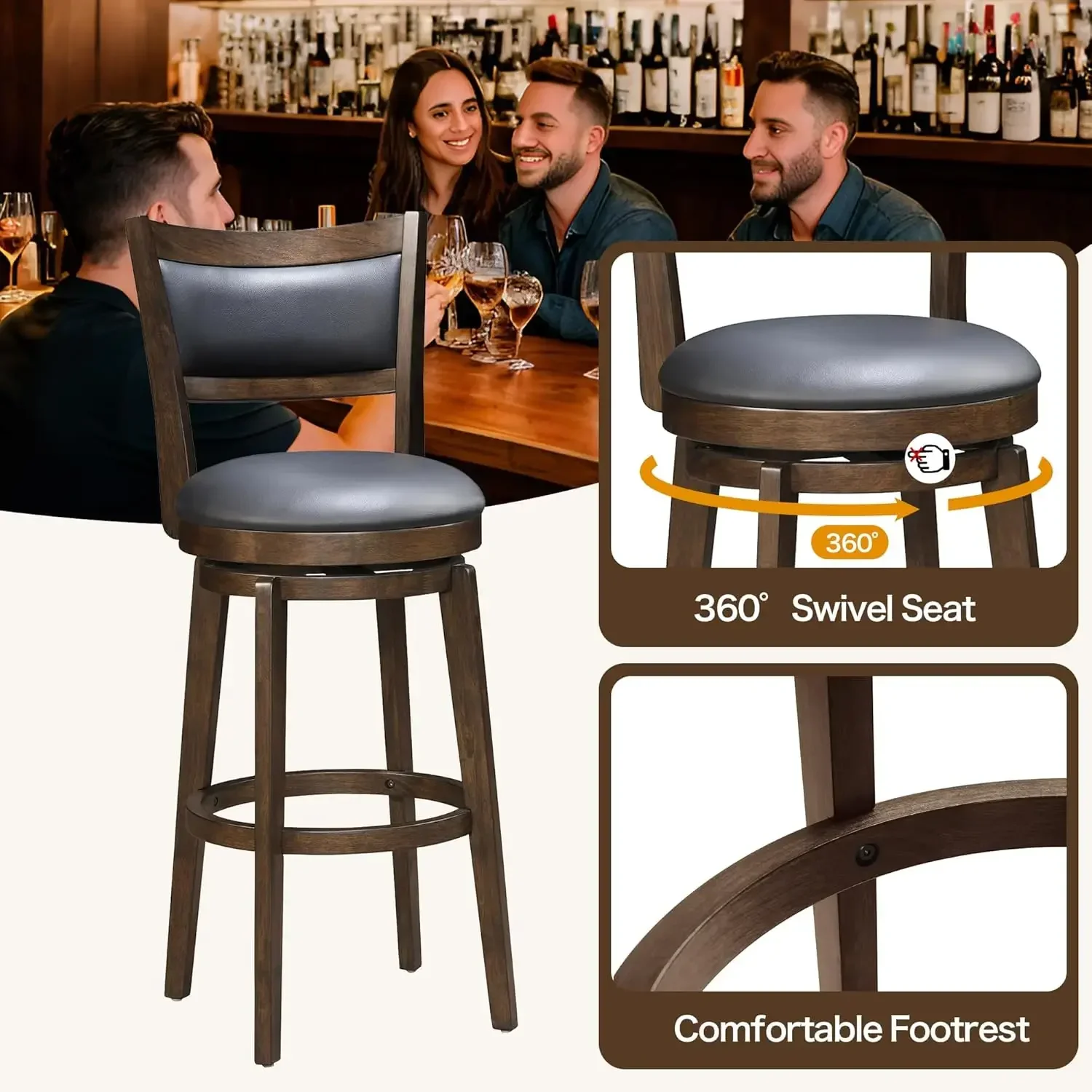 30" Bar Height Stools Set of 4 - High Back Swivel Barstools  Solid Wood Footrest, Counter Bar Stool for Kitchen Island & Pub