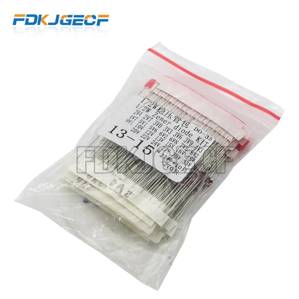 270pcs/lot 0.5W Zener Diode kit Assortment Set 1/2W 2V4-33V Zener Diode pack 12V 18V 5V1 5V6 3V3 3V6 4V3 4V7 6V2 6V8 7V5 20V 22V