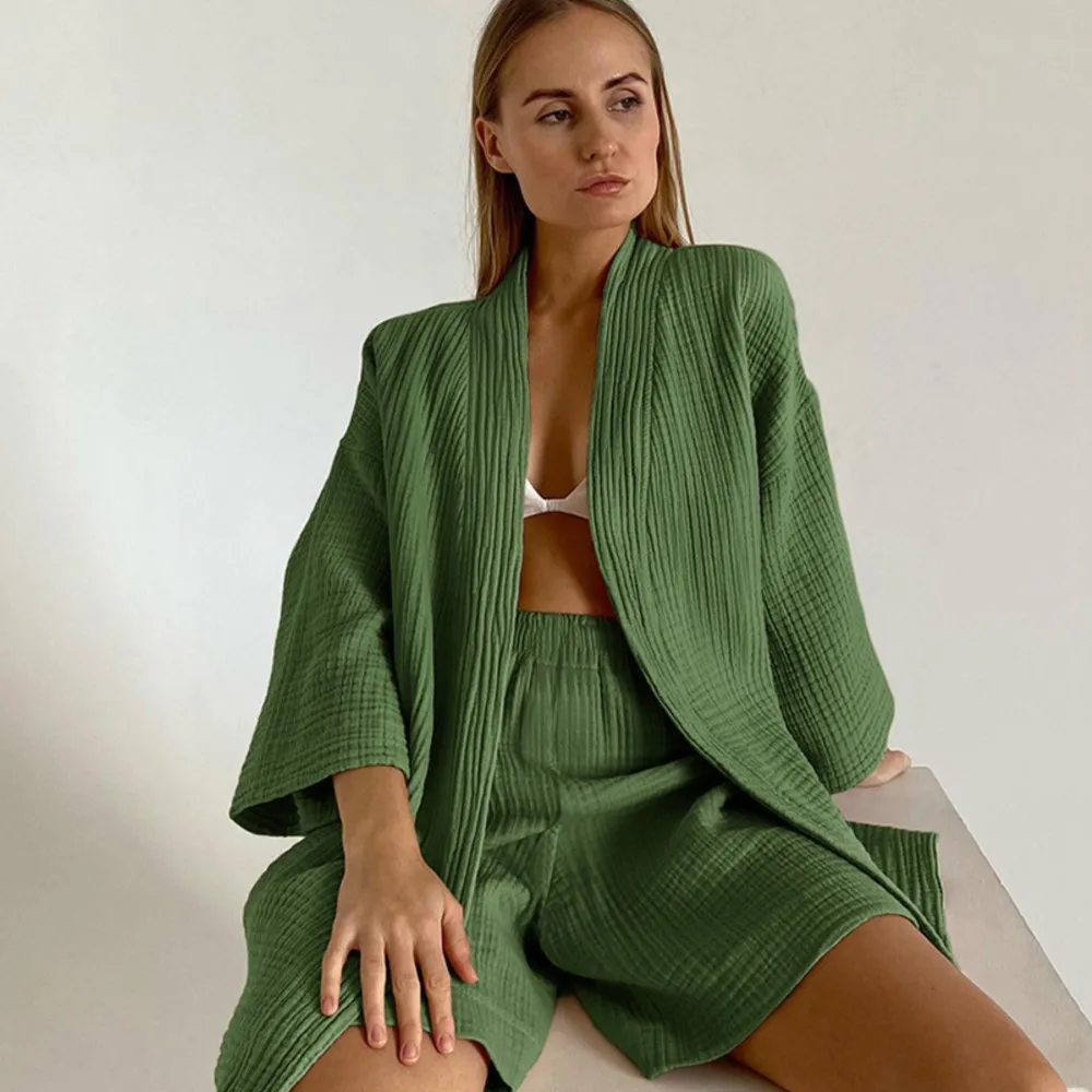 

Женский повседневный свободный кардиган, комплект из двух предметов, двухслойная марлевая ночная рубашка с рукавами пять четвертей, комплект с шортами, домашняя одежда для женщин