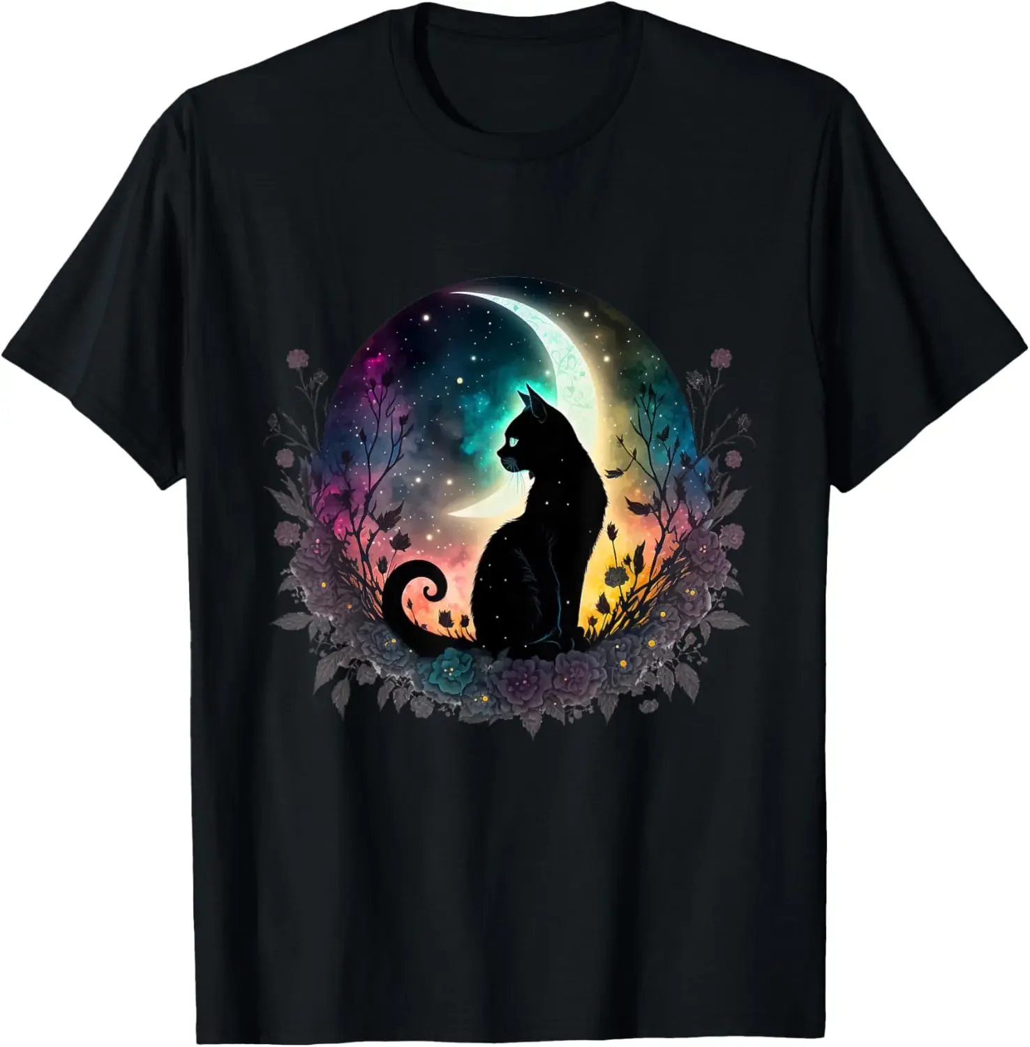 

Mystical Galaxy Black Cat Sitting Moon Graphic Tee Celestial Witchy Cotton T-Shirt