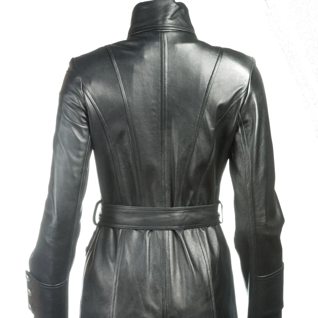 Wholesale Long Black Coat Double Breasted Women Real Leather Jacket