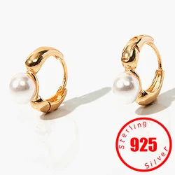 Stamp 925 Sterling Silver Pearl Hoop Earrings for Women Girl Gift Wedding Party Clasp Jewelry Drop shipping Wholesale