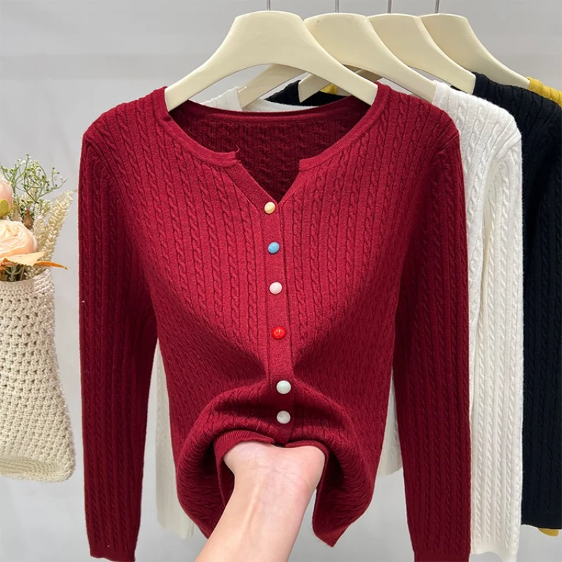 2025 Solid Long Sleeve Single Breasted Knitted Sweater Autumn Winter Women's O-neck Cardigan Colorful Buttons Versatile Tops