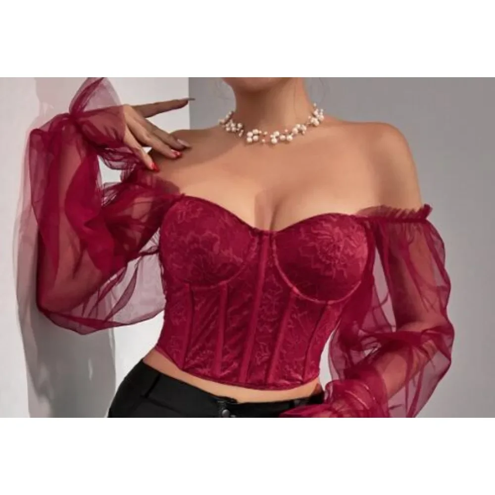 Retro Lace Puff Long Sleeve Blouse Slim Sexy Patchwork Shirt Women Gothic Streetwear Pleated Fashion Crop Top
