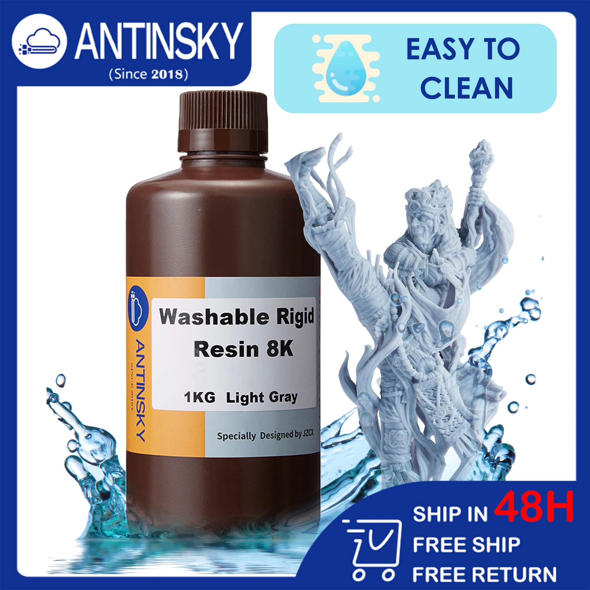 [ANTINSKY] Washable Rigid 8k Resin for DLP LCD Resin 3D Printer 405nm High Precision Low Shrinkage Easy to Clean Light Gray 1kg