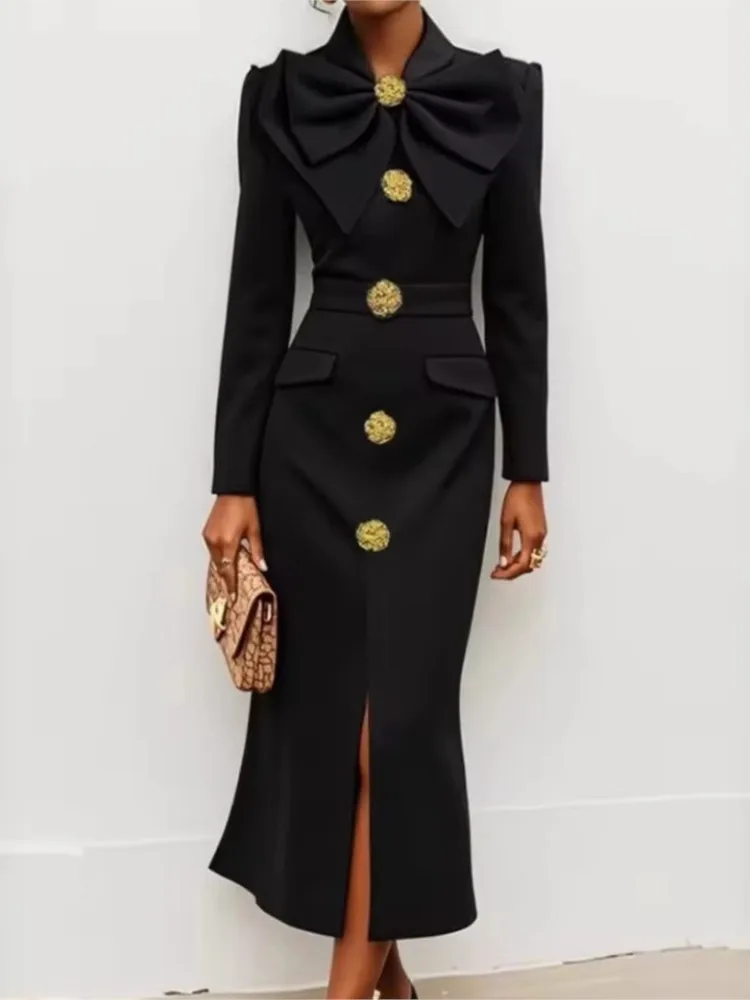 Women's New Formal Evening Dress Bow Tied Buttoned Long Sleeve Slim Long Dress 2026 Autumn Female Elegant Black Party Dresses